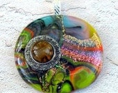 Large Round Green and Multicolored Glass Pendant with Antique Button Decor