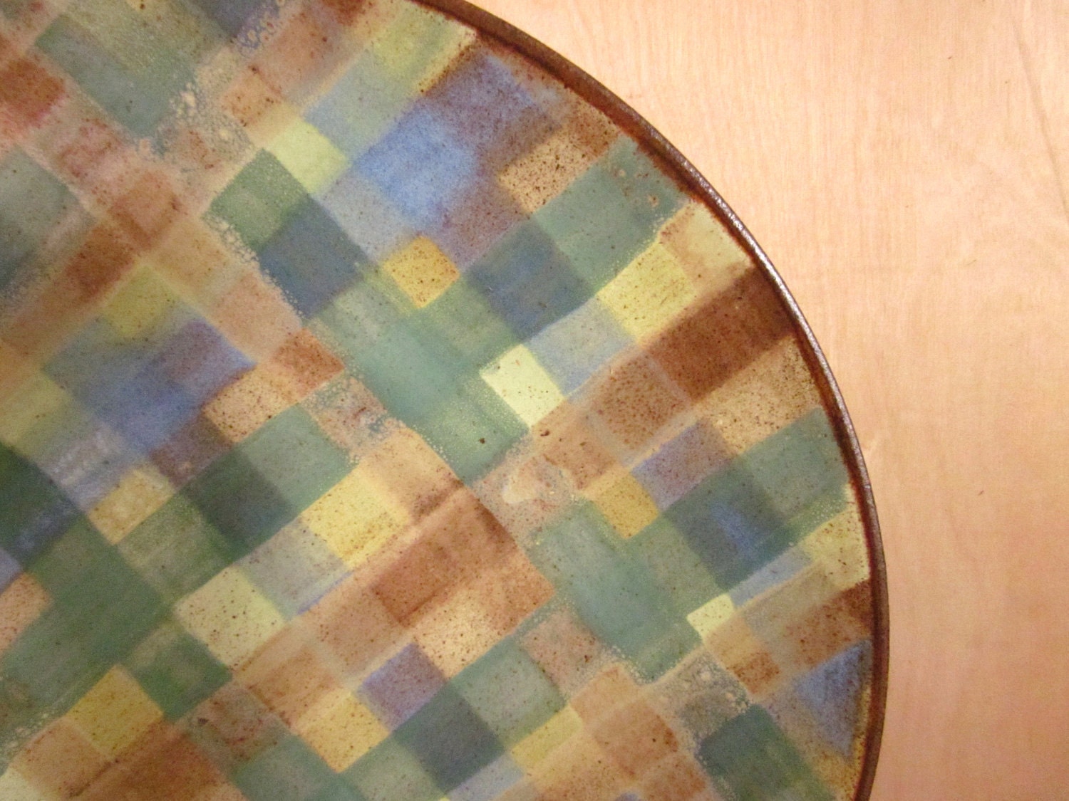 ceramic serving platter large pottery  15 1/2 inches plaid stoneware - ready to ship