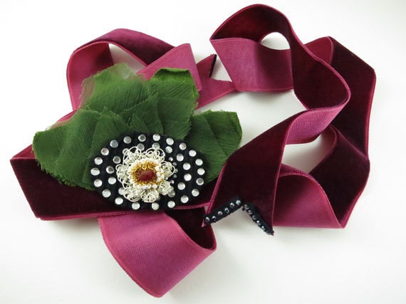 Victorian Bracelet Cuff Vintage Wine Red Green Silver Wrist Lace Cuff