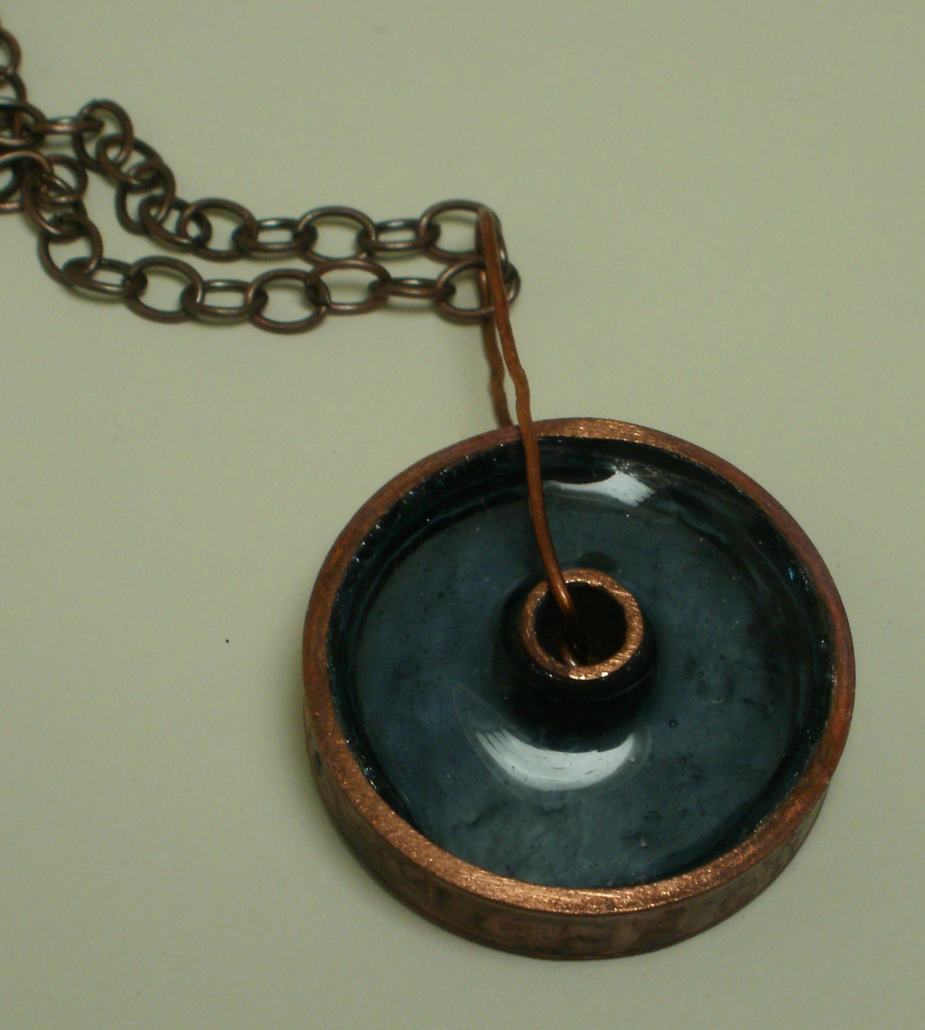 Smokey Blue Upcycled Recycled Glass Modern Round Copper Necklace