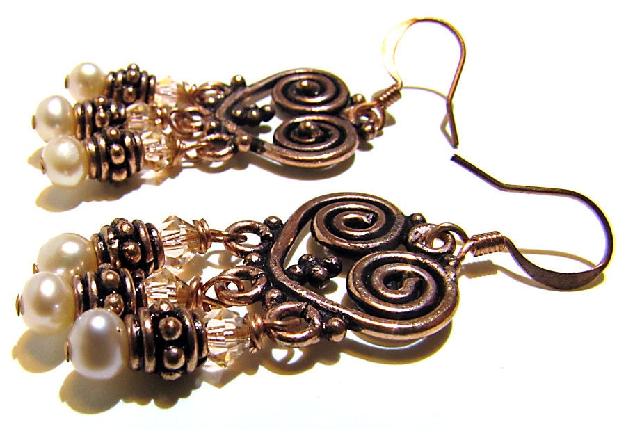 Chandelier Earrings - Spiral Heart - Copper, Crystal and Pearl