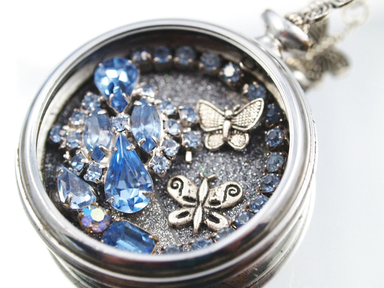 Butterfly Garden Pocket Watch Necklace Vintage Rhinestones Assemblage Pendant