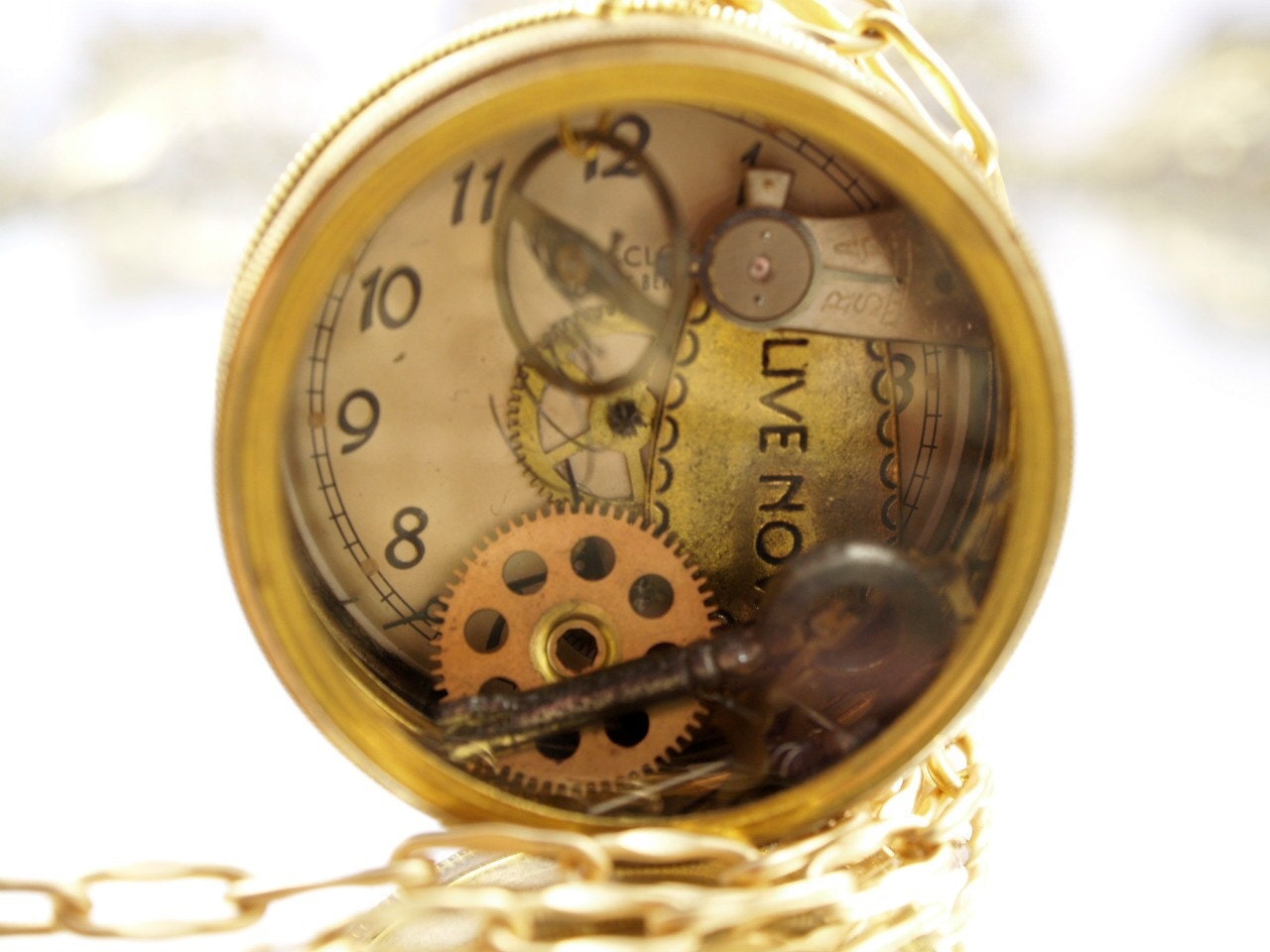 Live Now Steampunk Necklace Antique Assemblage Watch Locket Shadowbox Pendant