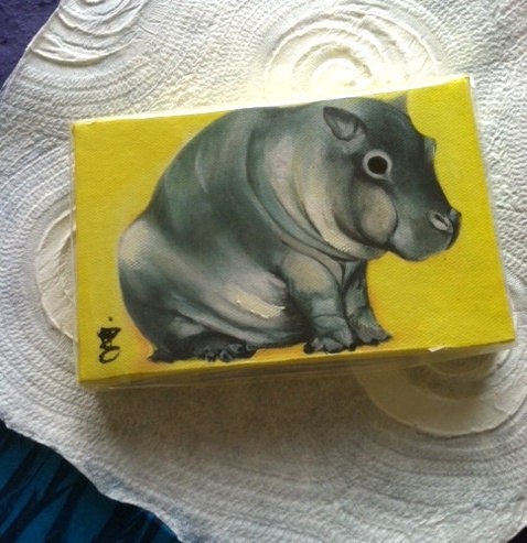 Baby Fat -  4 X 6 Inch  Handmade Painting on Canvas - Baby Hippo