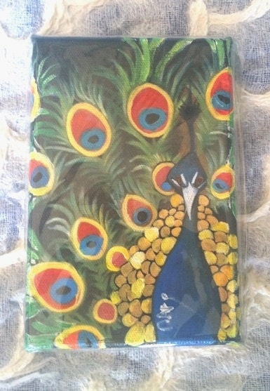 Peacock Original Art -  4 X 6 Inch Handmade Painting on Canvas - Mascot - Beautiful Bird Art