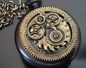 Steampunk Geared Pocket Watch Locket, Nice Vintage Ox Patina, Quality USA Locket, 32 Inch Brass ox Chain