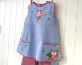 SALE Chambray blue, floral tunic dress - eco vintage fabric - 3 4 5