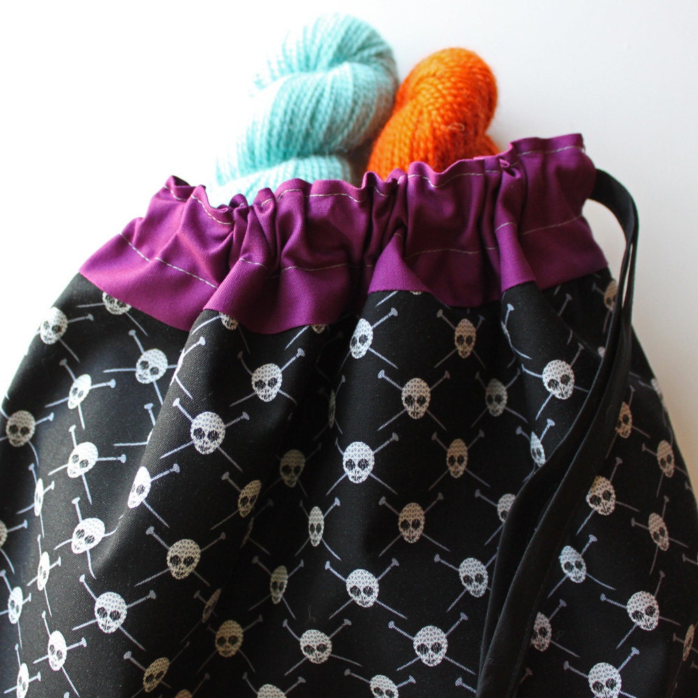 Lg Knitting Project Bag - Yarn Pirates - New Fabric - plum lining