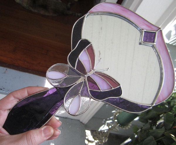 Vintage Stained Glass Purple Butterfly Hand Mirror