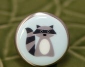 Cute Little Raccoon - Porcelain Brushed Nickel Drawer Knob
