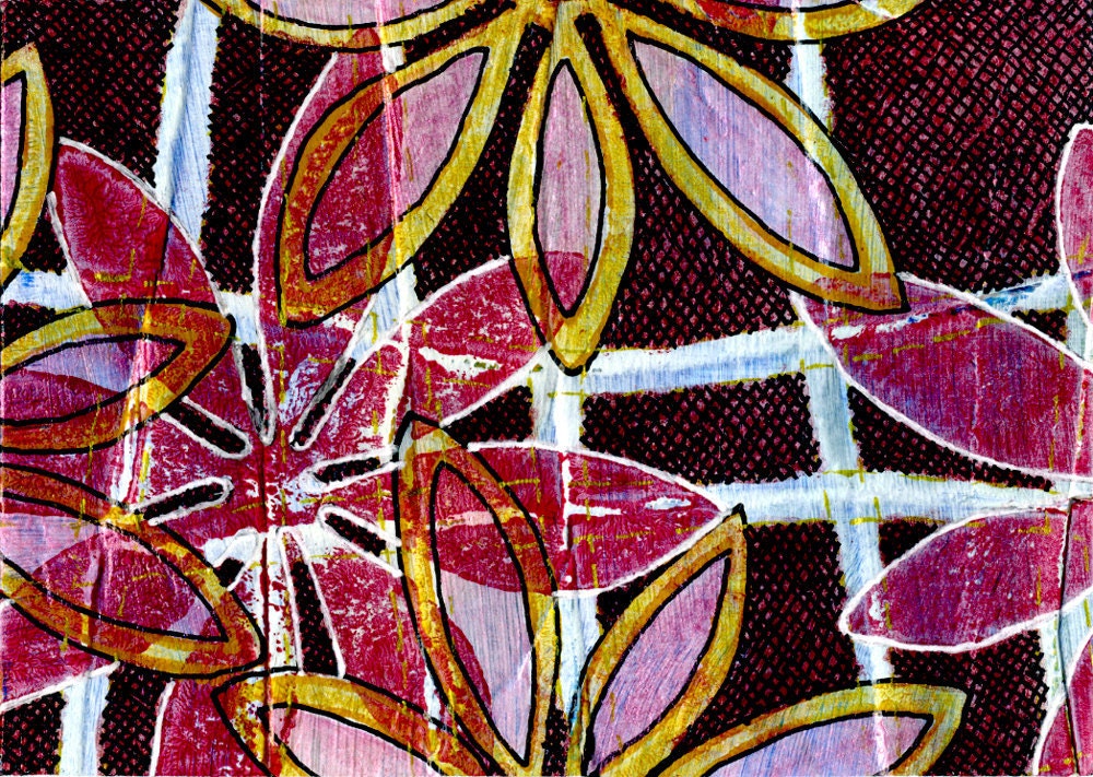 Mixed Media Hand Carved Flower ACEO Original in Red Burgandy Pink Gold