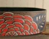 Leather Guitar Strap - Blue, Pink, Silver and antique black - Alabama pattern with flowers