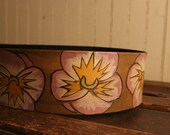 Leather Guitar Strap - Purple, Yellow, Green, White and Antique Brown - February Pattern with Pansies