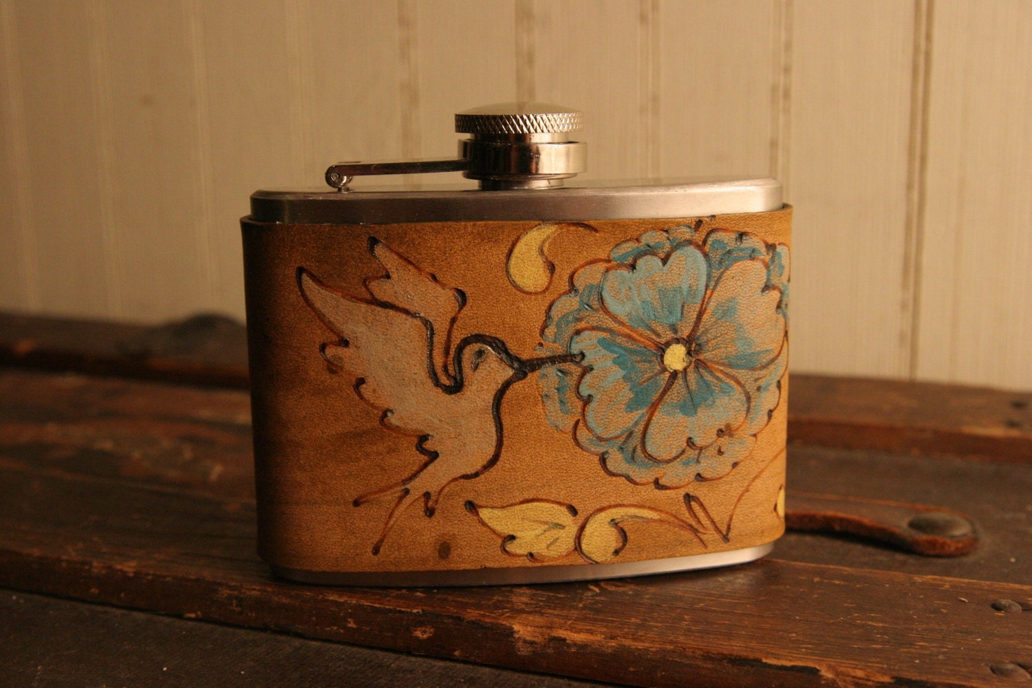 4oz Flask - Leather in Turquoise, Yellow, Silver and Antique Brown - Margot Pattern with Hummingbird