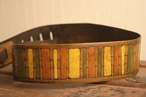 Lino Pattern Leather Guitar Strap - Olive, Brown, Yellow and Antique Brown