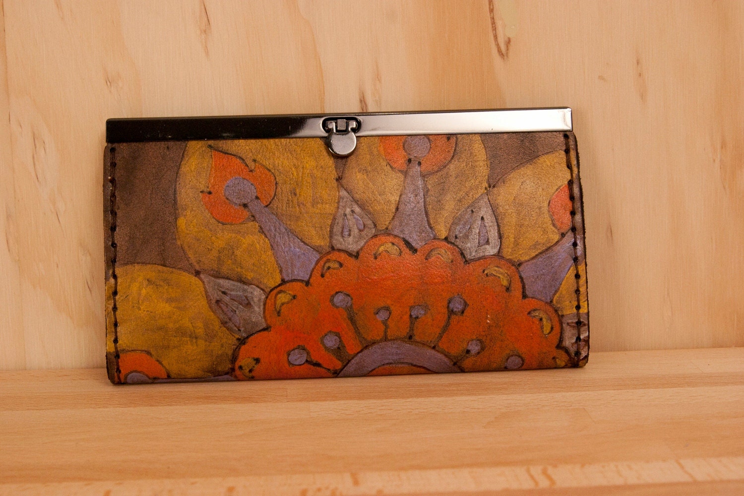 Leather Clutch Wallet - Alice pattern in orange, yellow, purple, white and antique black