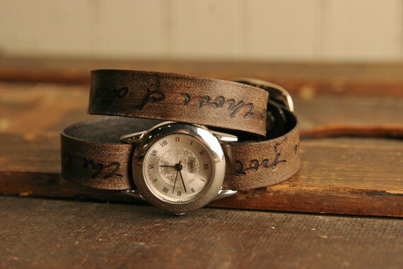 Leather Wrap Watch - Personalized Smokey Pattern - Antique Black