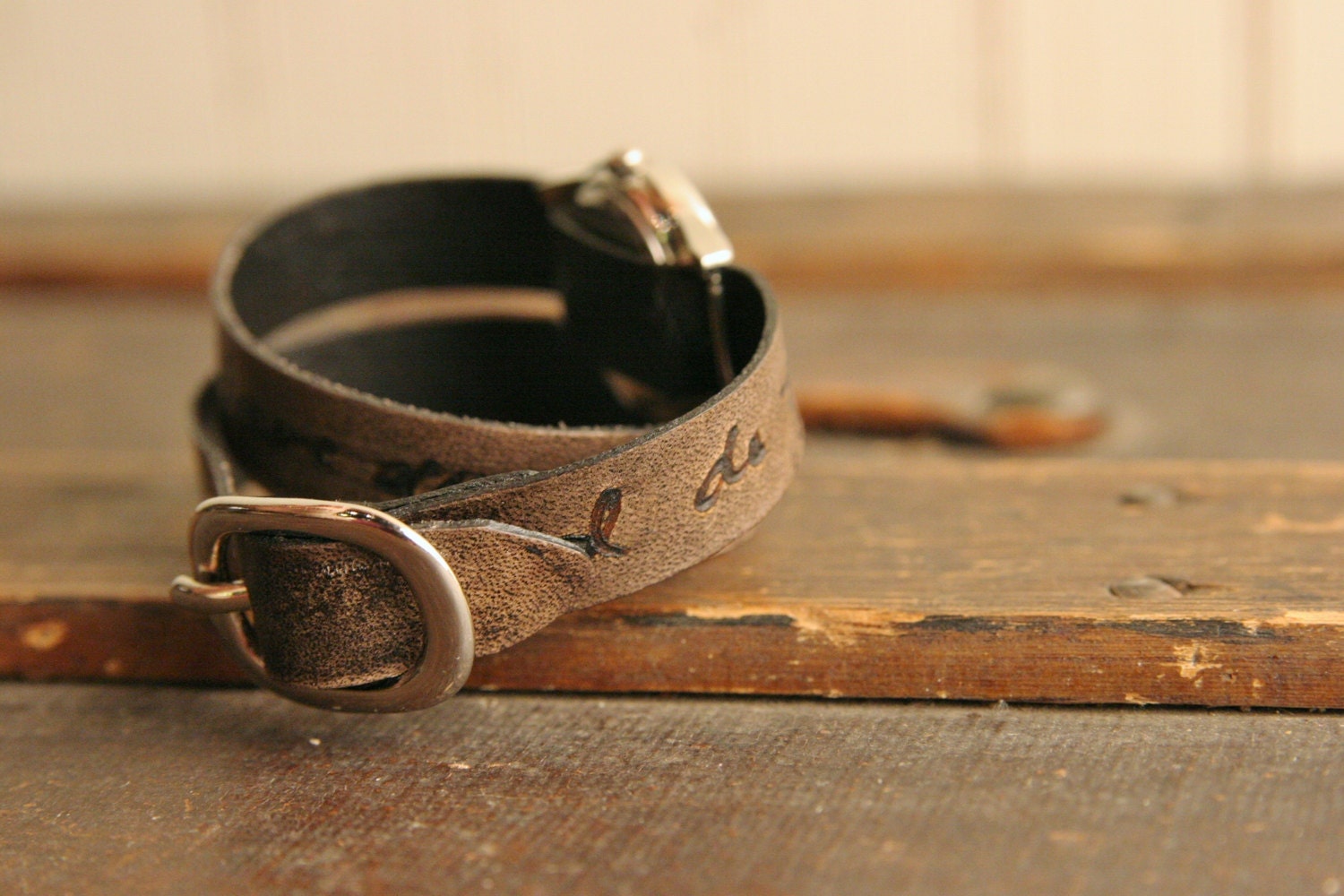 Leather Wrap Watch - Personalized Smokey Pattern - Antique Black