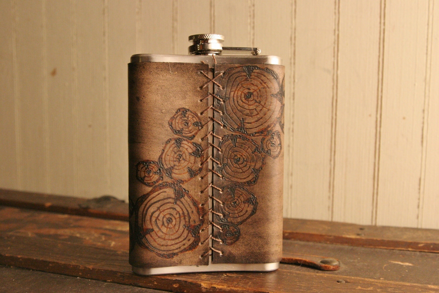 8oz Flask - Leather in Antique black, turquoise, yellow - Faux Nellie Pattern with Skull
