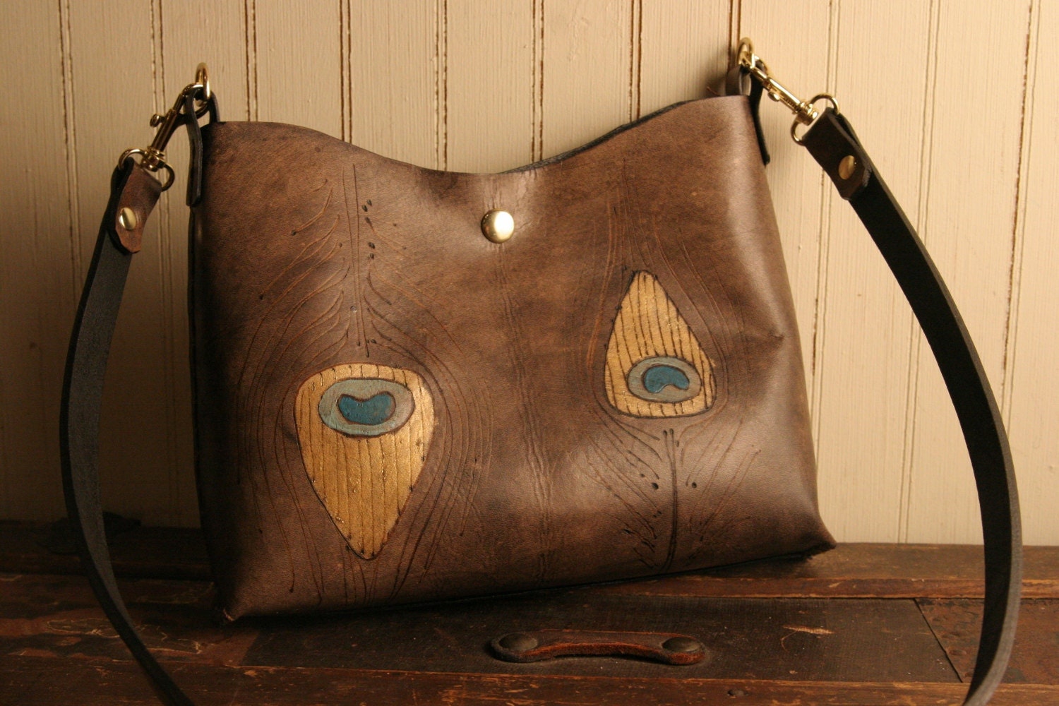 Leather Mini Tote - Antique Black, Gold, Turquoise, Sage - Jade pattern with peacock feather