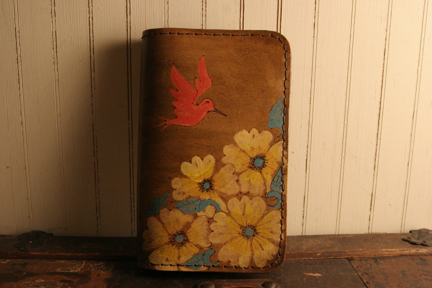 Day Planner Wallet - Belle Pattern - Leather in Yellow, Turquoise, Pink and Antique Brown