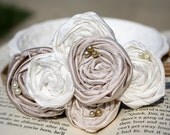 Cream headband, Rolled fabric flower headband in taupe, cream, white and ivory satin with glass beads for baby to adult girls