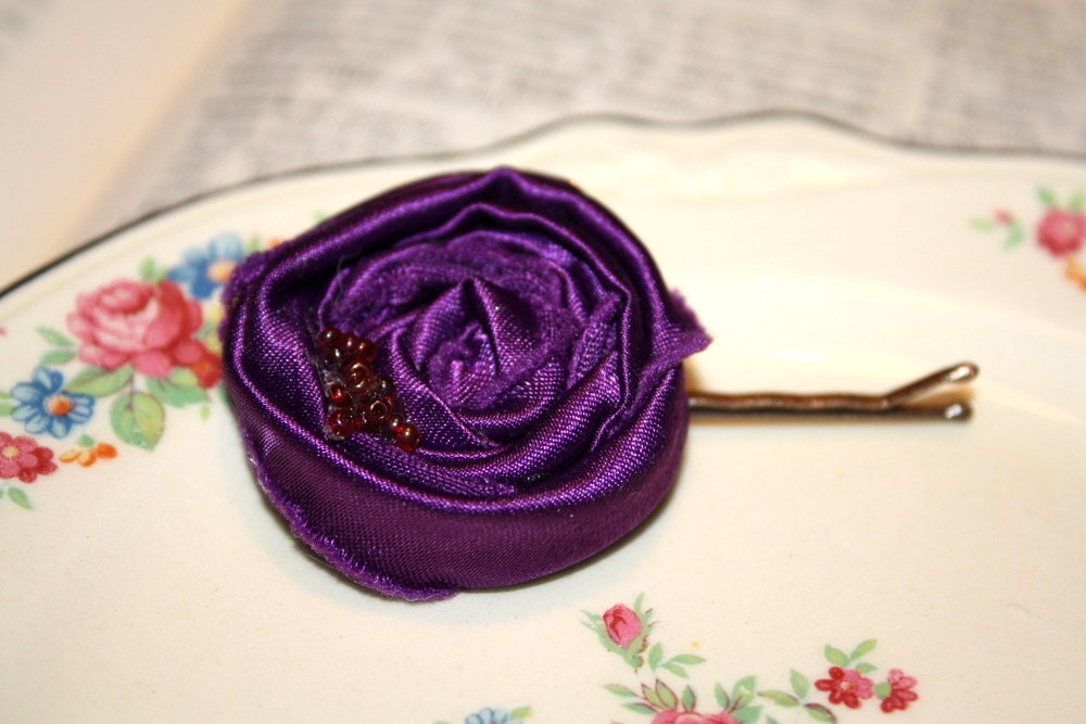 Fabric flower bobby pin, Bridesmaid hair accessory, flower hair clip, rolled satin fabric flower  bobby pin in deep purple