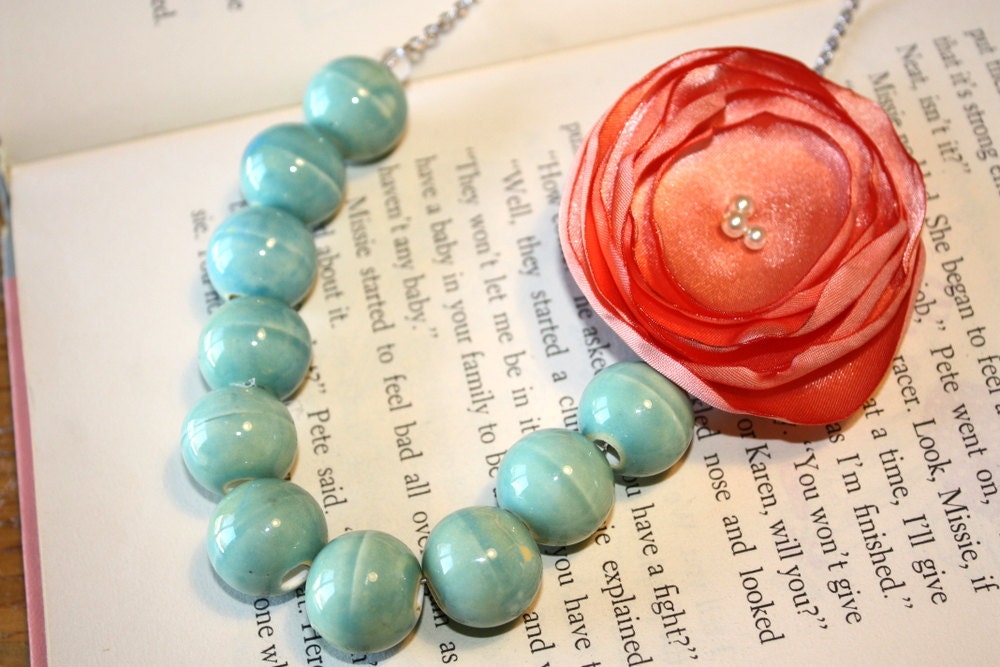 Peach and aqua necklace, Bridesmaid necklace, fabric flower necklace, coral and aqua