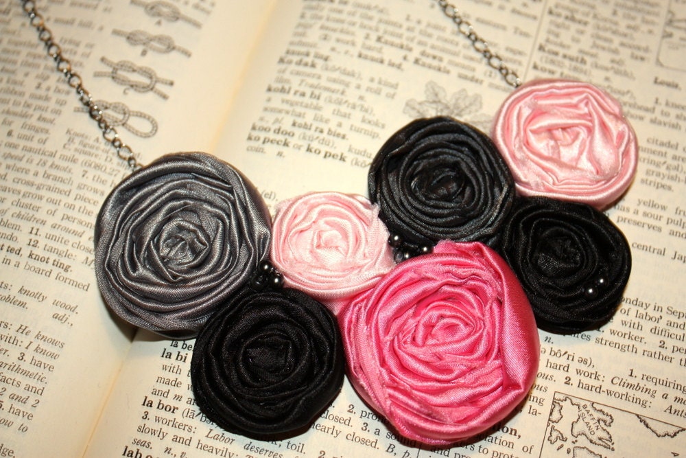 Fabric flower bib statement necklace, great for bridesmaids in pale pink, black and gray rosette necklace