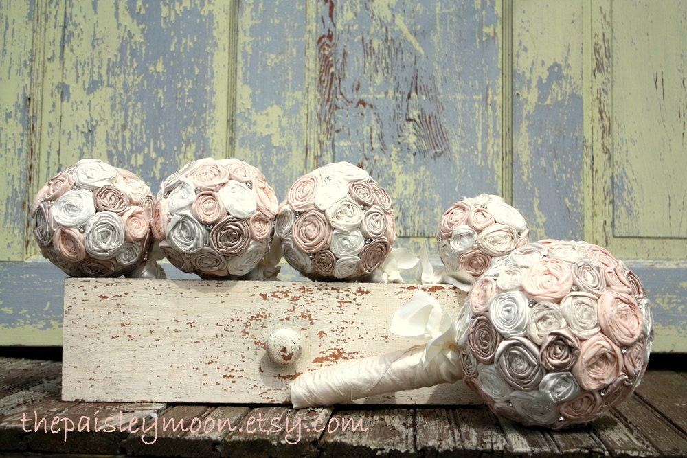 Champagne and Ivory Fabric flower bridal bouquet, 4" rolled rosette custom rosette wedding bouquet