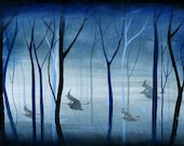 Witches Flying Low through the Forest - Dark Fantasy Woodland Painting by Annya Kai