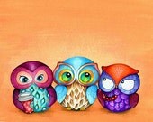 Owl Trio -  Painted Fabric Birds with Berries and Starbucks Coffee - Illustration by Annya Kai -