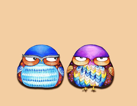 GRUMPY OWLS - Funny Cute Bird Owl Wall Art - Painting Print by Annya Kai