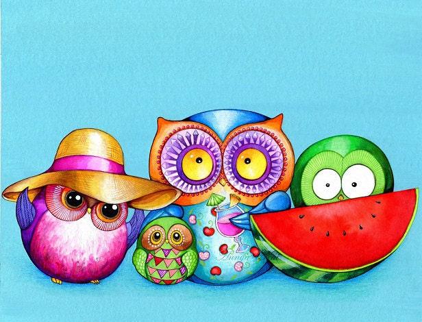 Beach Fun Owl Family - OWL Painting  - Colorful Wall Art for Children Kids Room or Nursery