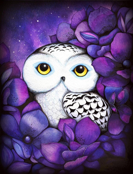 Snowy Owl - Night Time Bed Time Nature Flower Watercolor Painting by Annya Kai - Kids Room or Modern Nursery Decor - Purple Violet White