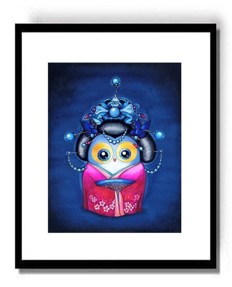 Japanese Cherry Blossom OWL - Painting Print - Sparkly Little Owl in Jewels and Spring Flower Kimono by Annya Kai
