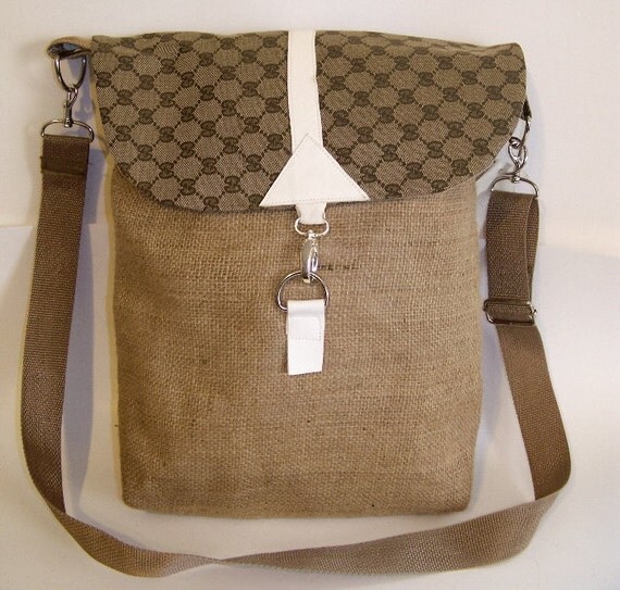 Designer Print Burlap and Leather Messenger by HOWARDHEARTSFIELD