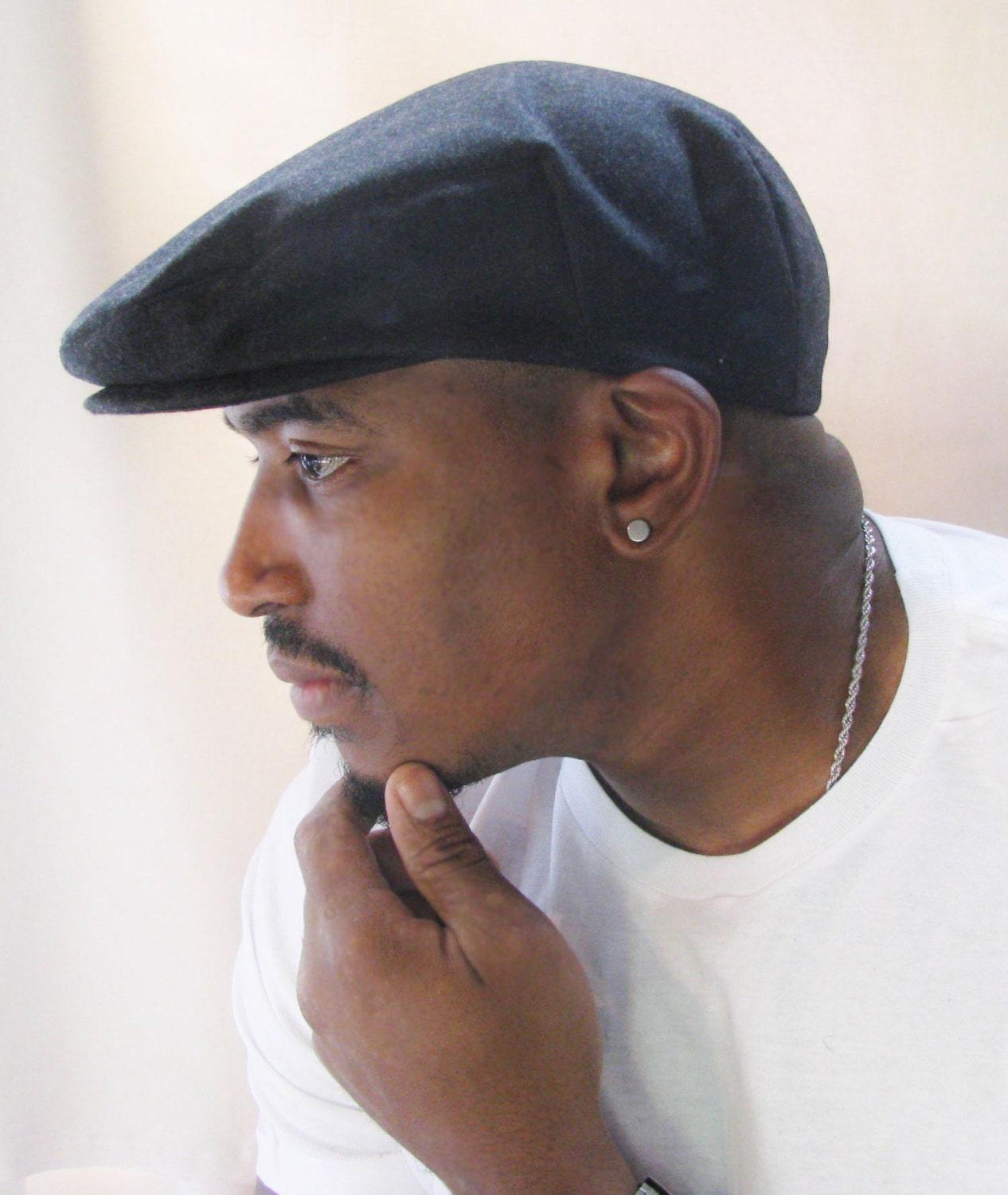 Custom Handmade Men's Hat - Charcoal Heather Wool Flat Jeff Cap, Ivy Cap, Driving Cap for Men, Women, and Children