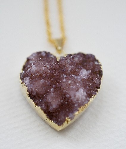 Pink Jasper Druzy Heart Necklace -- Silver Version