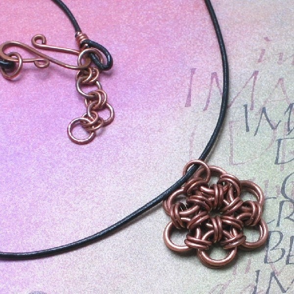 Copper Japanese Flower Chain Mail Necklace, Copper Chainmaille Jewelry, Handmade Chainmail Necklace