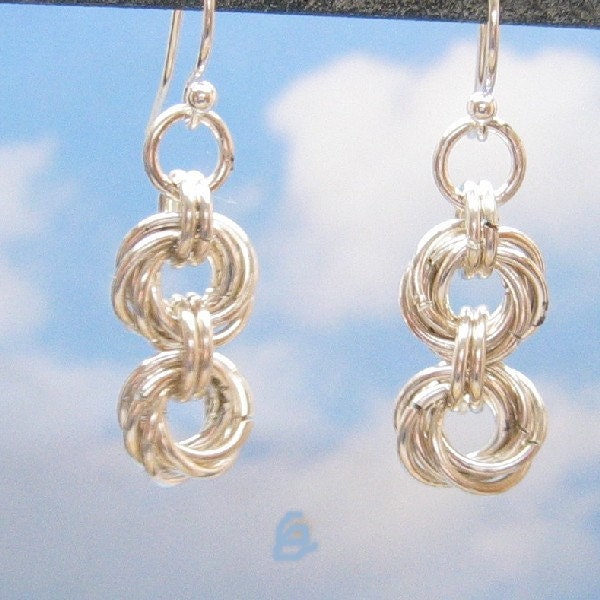 Sterling Silver Dangle Earrings, Double Mobius Chain Mail Earrings, Silver Chainmaille Jewelry, Women's Chaimail Jewellery