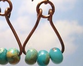 Handmade Oxidized Copper Earrings With Dyed Serpentine Jasper Aqua Beads, Dangle, Women's Jewelry, Stone, Metal, Triangle, Rustic Metalwork