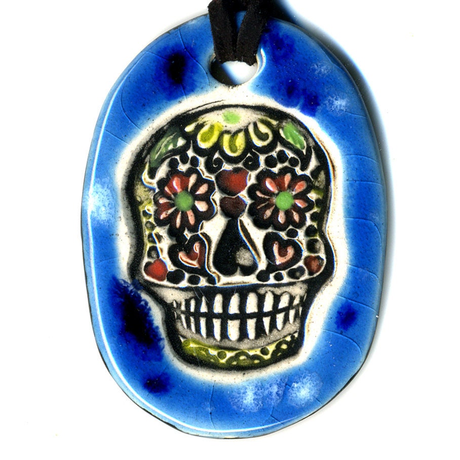 Day of the Dead Sugar Skull Ceramic Necklace in Spotted Blue