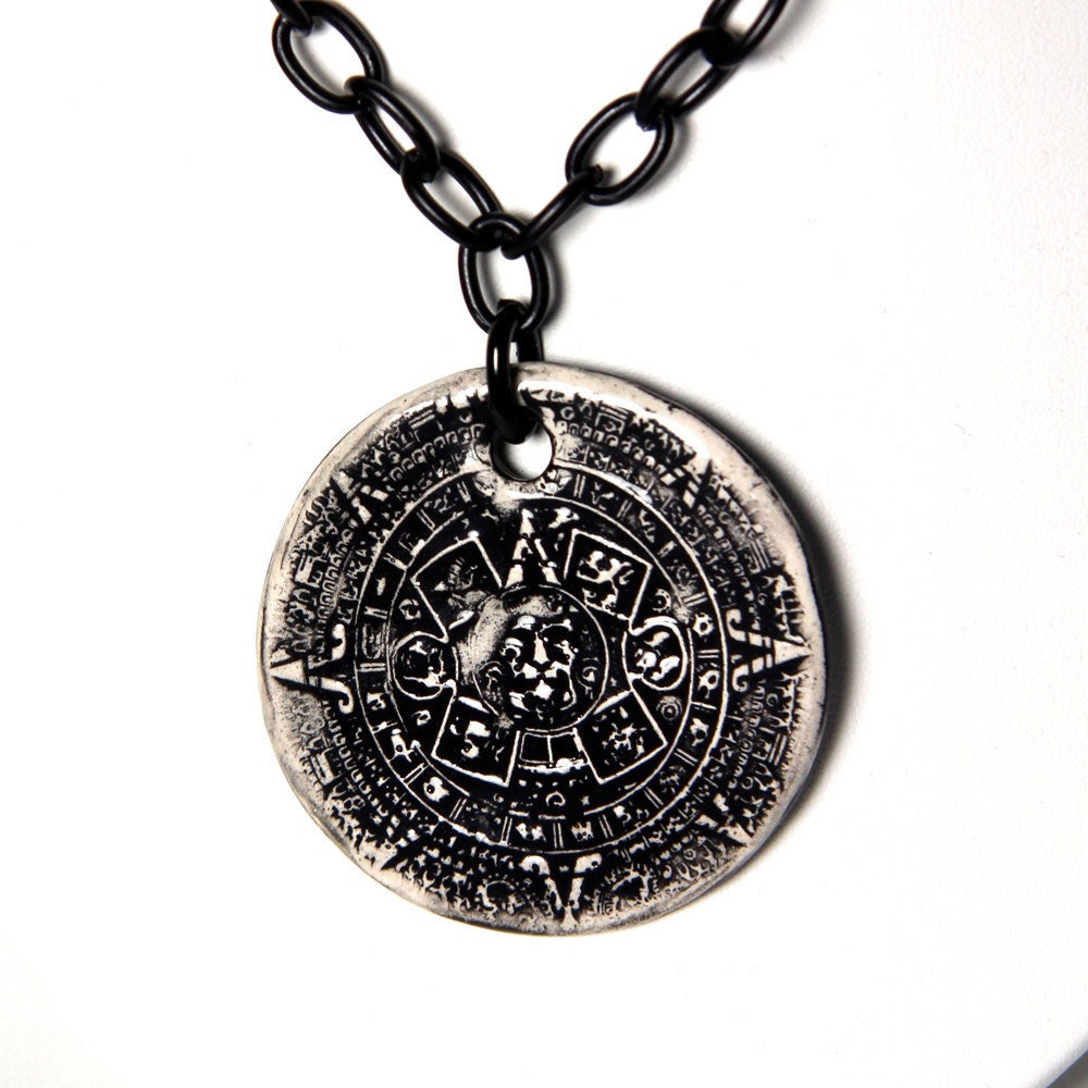 Mayan Calendar Ceramic Pendant Necklace with 20 inch black steel chain