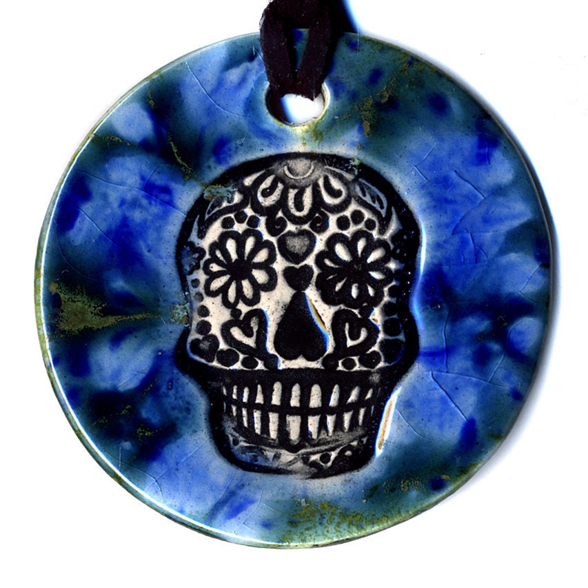 Calavera or Sugar Skull Ceramic Necklace In Blues