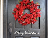 Merry Christmas Front Door Decal (Vinyl, calligraphy, traditional, classic, formal, sticker, adhesive, sign)