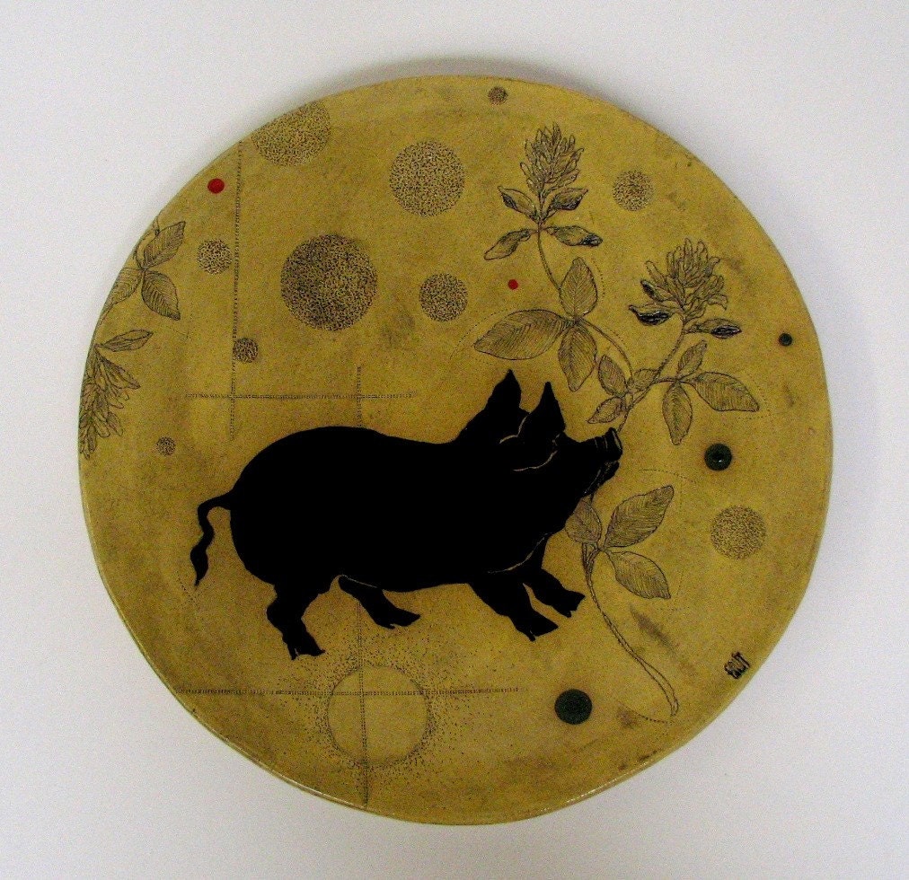 Handmade Ceramic Platter With Pig and Clover