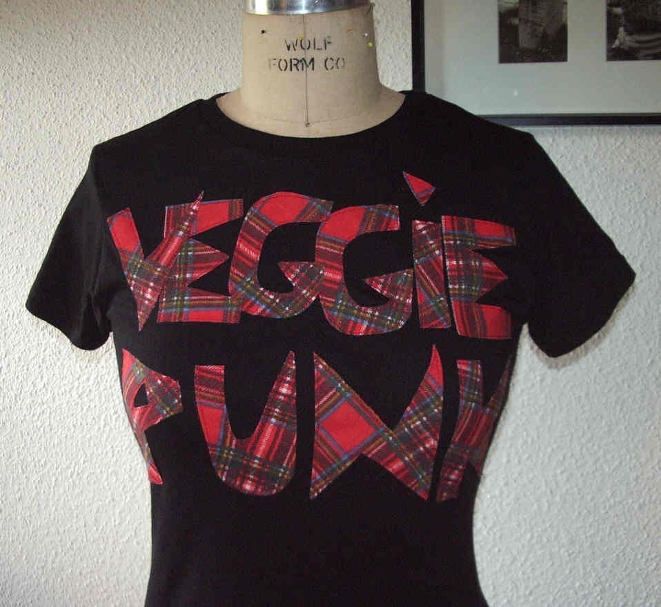 ORGANIC COTTON VEGGIE PUNK vintage fabric appliqued T shirt Recycled fabric
