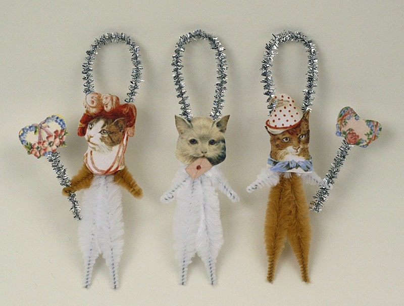 Romantic Chenille Cat Ornaments - Shabby Chic Christmas Decorations