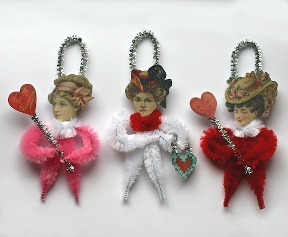 Victorian Chenille Valentine Ornaments - Valentine Decorations - Handmade